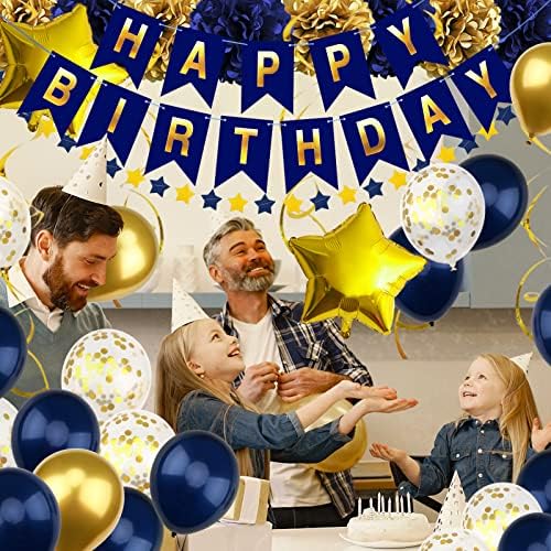 Navy Blue and Gold Happy Birthday Decorations with Banner, Paper Pompoms for Boys, Girls, Men, Women - Party Decorations Supplies - Image 7