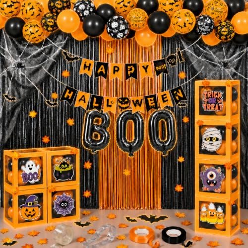 128 Pcs ​Halloween Party Decorations, Halloween Party Supplies - Balloon boxes, "HAPPY HALLOWEEN" Banner, "BOO" Banner, Multi Balloons, Bat Decor, Spider Wed by UJoyant