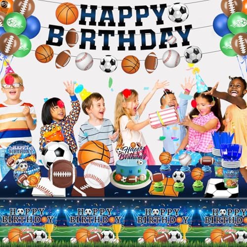 191 PCS Sports Birthday Party Decorations Includes Plates, Napkins, Cups, Knives, Forks, Banner, Cake & Cupcake Toppers, Tablecloth for Sports Themed Party Decorations, Serves 24 - Image 6