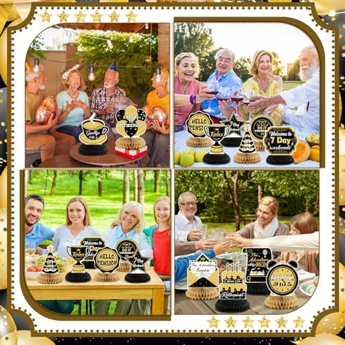 Pickmesh 12 Pcs Retirement Party Decorations Honeycomb Gold Glitter Retirement Table Centerpieces 3D Double Sided Hello Pension Table Decoration Topper for Men Women Party Favors Supplies - Image 6