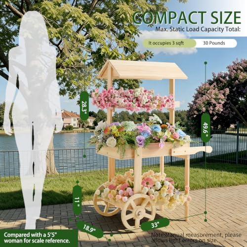 Flower Cart Display Stand with Wheels, 3-Tier Wooden Candy Cart for Party, Dessert Cart with Canopy Roof for Weddings, Bridal Shower, Baby Shower, Market & Event Decor (wood) - Image 2
