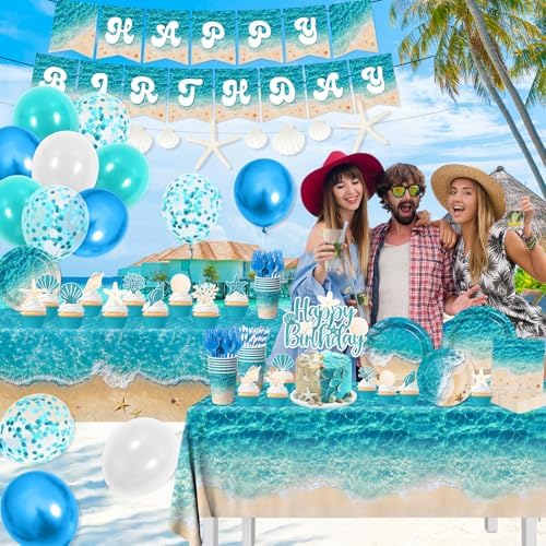 Beach Birthday Party Decorations, 183Pcs Ocean Waves Birthday Party Decorations Summer Pool Hawaiian Beach Party Supplies Plates,Napkins,Cups,Banner,Tablecloth,Balloons,Cupcake Topper,Serves 24 - Image 2