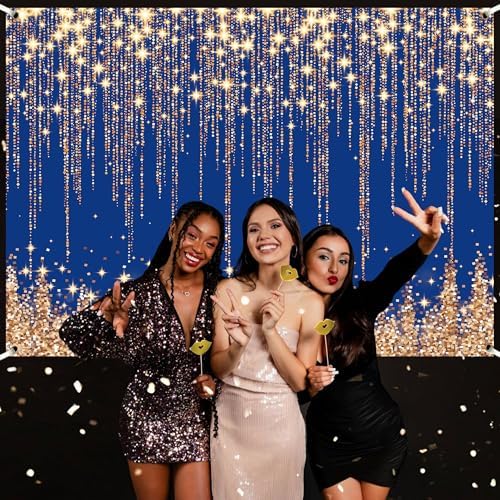Gold Blue Glitter Wall Backdrop 10x6 FT Golden Spots Backdrops for Photoshoot Girls Birthday Photography Background for Wedding Baby Shower Party Decorations Banners Photo Studio Props - Image 2