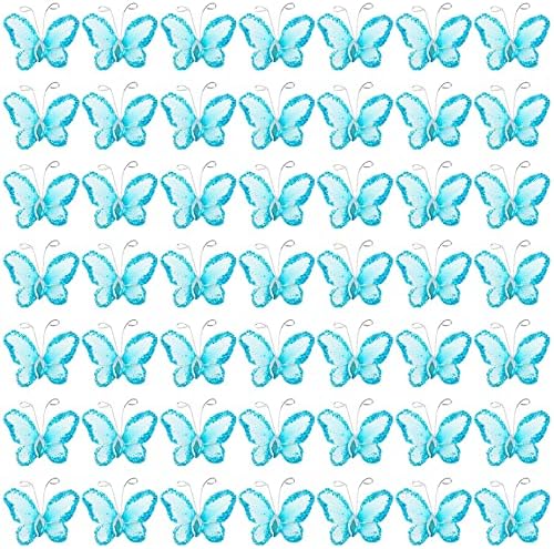 AUEAR, 50 Pack Sheer Mesh Wire Glitter Butterfly Decoration with Gem for Wedding Home Party Wall Decorations (Blue) by AUEAR