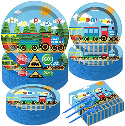200Pcs Train Party Plates and Napkins Train Birthday Party Supplies Transportation Disposable Paper Decoration for Kids Birthday With Dinner Plates Dessert Plates Napkins Plastic Forks, Serves 50 by gisgfim
