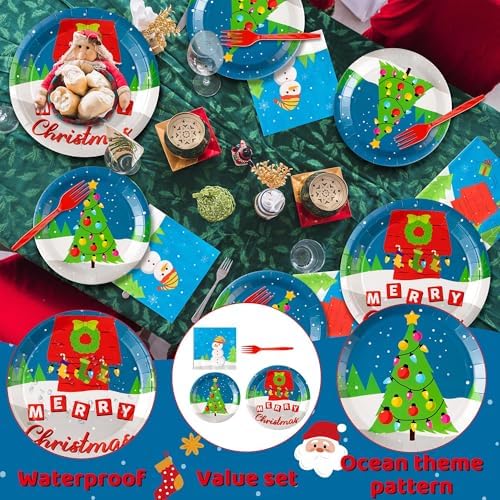 GaofanWai 96PCS Christmas Cartoon Red Dog House Tableware, Merry Christmas Paper Plate Set for Kid, Winter Snowy Pine Tree Disposable Dinnerware Paper Napkin Fork for Baby Shower Party Decor,24 Guests - Image 4