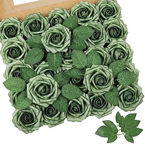 AmyHomie Green Rose 25pcs Real Looking Artificial Flowers w/Stem by AmyHomie