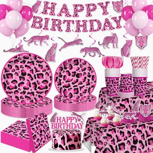 205Pcs Pink Cheetah Birthday Decorations Tableware Set, 25 Serves by Yingoto