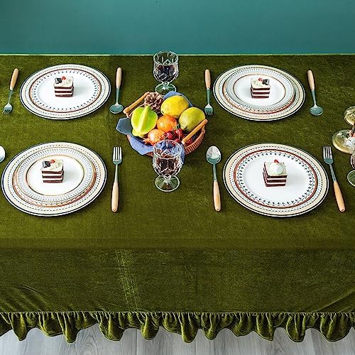 GLORY SEASON Velvet Tablecloth Luxurious Solid Rectangle Table Cloth,Oblong Retro Farmhouse Ruffle Tablecloths Washable Table Cover for Party Olive Green,52x70 Inches - Image 3