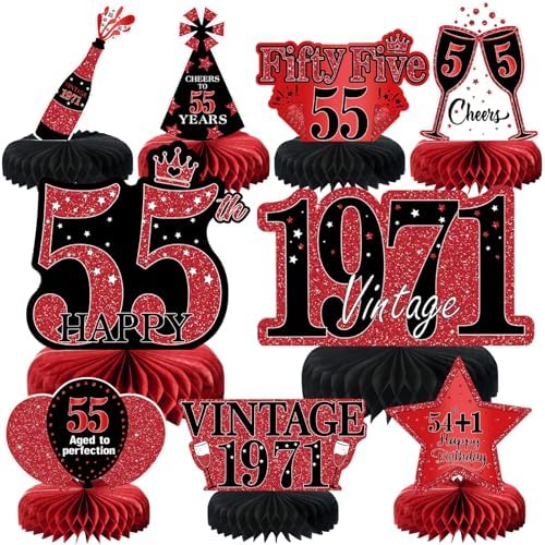 9Pcs 55th Birthday Decorations Red and Black 55th Birthday Party Decorations for Women,Happy 55 Years Vintage 1971 Aged Honeycomb Centerpieces Table Sign Decor Supplies by MOORAY
