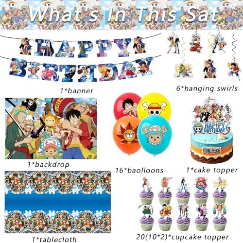 46PCS One Piece Birthday Party Supplies:Luffy Banner, Cake Topper, Tablecloth, Backdrop, Cupcake Toppers, Balloons, Aluminum Balloons - Image 3