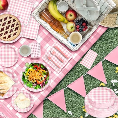 180Pcs Pink Gingham Party Supplies Paper Plates and Napkins Serve 60 - Image 4