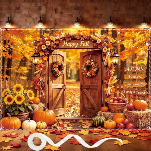 Fall Backdrop 10×6.5ft, with 100 Pcs Red & Yellow Artificial Maple Leaves by DuoduoBuy