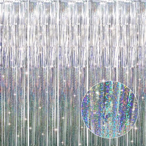 GOER 3.2 ft x 8.2 ft Metallic Tinsel Foil Fringe Curtains Party Photo Backdrop Party Streamers for Birthday,Graduation,New Year Eve Decorations Wedding Decor (5 Packs,Shiny Silver) by GOER
