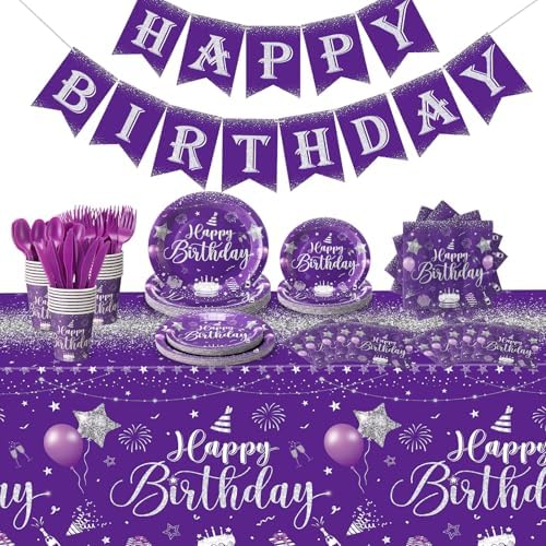 Vesici 171 Pcs Happy Birthday Party Supplies 24 Set Table, Purple, Silver by Vesici