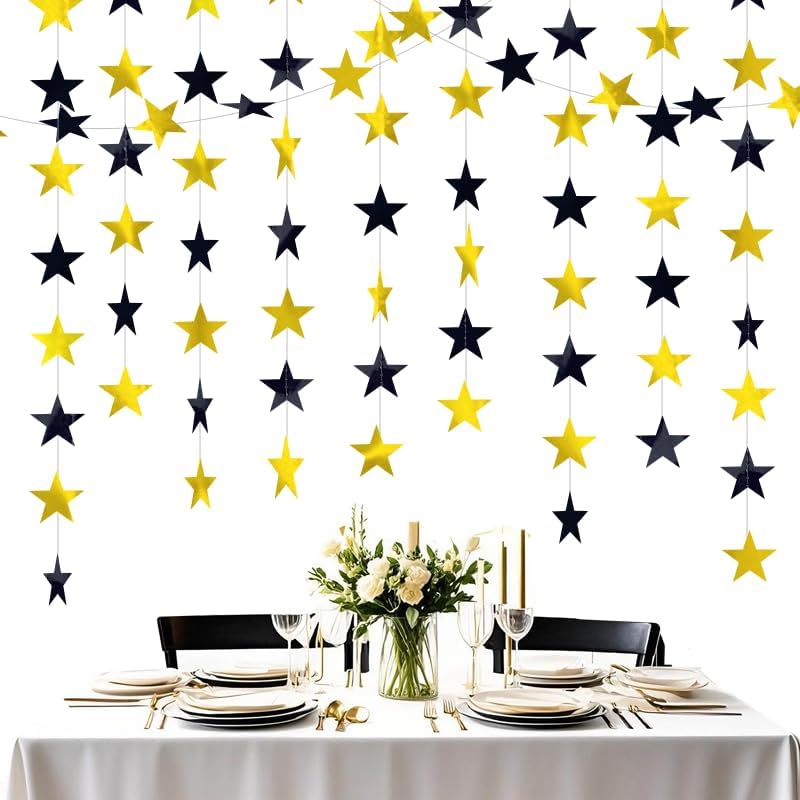Black and Gold Shining Star Hanging Garland Black Gold Hanging Sparkling Star Streamer Glitter Bunting Banner Twinkle Backdrop for Wedding Baby Shower Birthday Decorations 40 Feet - Image 3