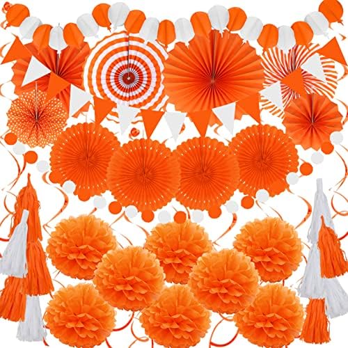 ZERODECO Party Decorations, 41 Pcs Orange Papar Fans Pompoms Garlands String Tissue Paper Tassel for Halloween New Years Spring Festival Wedding Birthday Party by ZERODECO