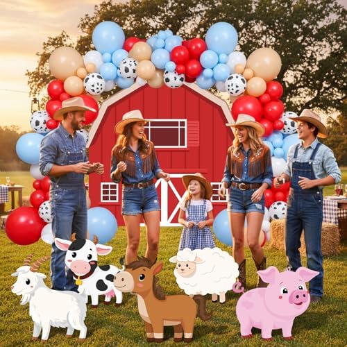 114 Pcs Farm Animal Theme Party Decorations Set Farm Barn Backdrop Large Animal Cardboard Cutout Yard Sign Cow Balloon Garland Arch Kit Photo Prop for Farmhouse Birthday Party Supply - Image 6
