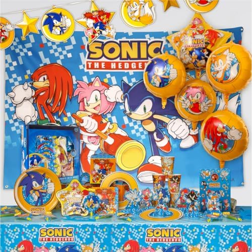 Sonic The Hedgehog Birthday Party Kit - Complete Supplies for 10, Video Game Themed Decorations, Licensed Banner, Plates, Cups, Balloons, Games, and Favors for Kids' Celebration by MightyMojoToys