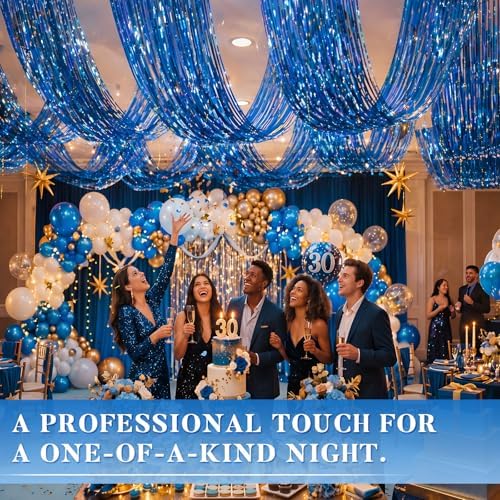 Breling 4 Pcs Blue Ceiling Fringe Curtains, Metallic Foil Drapes, 15 ft - Image 4