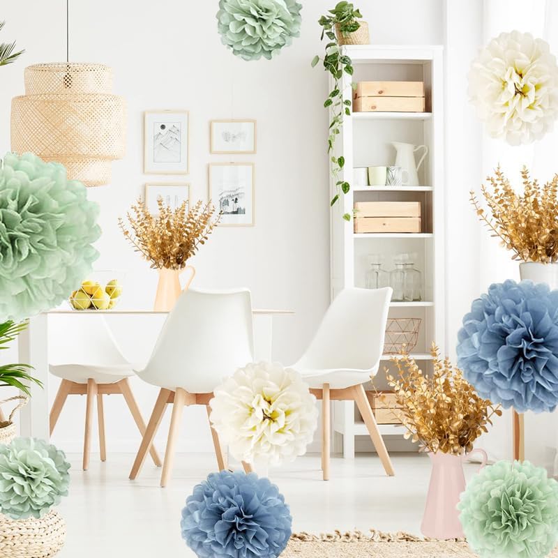 Tissue Paper Pom Poms Kit Paper Flowers 12pieces for Baby Shower Wedding Bridal Bachelorette Birthday Party Decorations (Dusty Blue + Pastel Sage Green) - Image 3