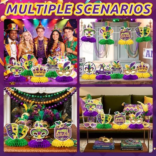 Mardi Gras Party Decorations,9 Pcs Mardi Gras Honeycomb Table Decor,Double Side Mask Crown Table Centerpieces for Carnival Holiday Masquerade New Orleans Party Supplies Decorations - Image 7