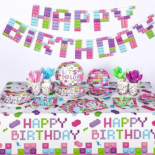 Gejoy 171 Pcs Building Block Decor Party Tableware Kit, Sweet Color - Image 2