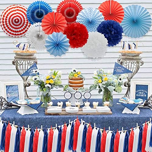 Navy Blue Red White Party Decorations Hanging Paper Fans Pom Poms Flowers Tissue Tassel Garland for 4th of July Day Patriotic Decoration Graduation Birthday Supplies - Image 5
