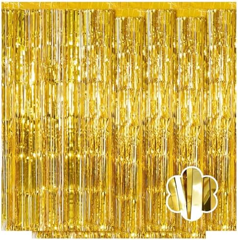 5 Pack Gold Foil Curtain Backdrop 3.2ft x 9.8ft Metallic Tinsel Foil Fringe Curtains Streamer Photo Booth Backdrop for Birthday Party Engagement Bachelorette Party Decorations (Gold) by Ohiyoo