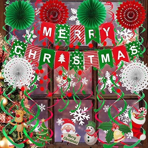 FECEDY Merry Christmas Banner Paper Fan Flower Circle Confetti Dots Hanging Garlandand Swirl Streamers Christmas Tree Christmas Snowman God Tang for Christmas Party Decoration - Image 5