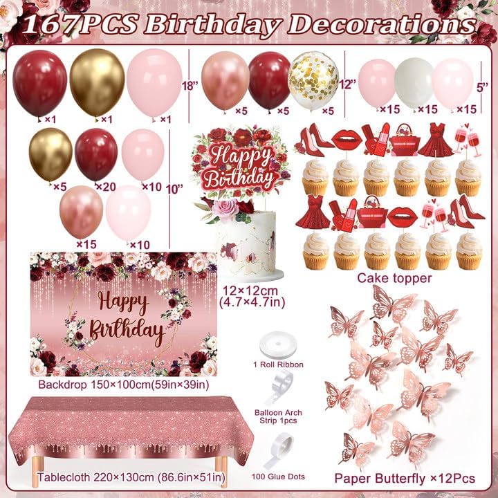 167Pcs Happy Birthday Decorations for Women with Butterfly Sticker Cupcake Toppers, Burgundy Balloon Arch Kit Maroon Rose Gold Balloons Backdrop Tablecloth Floral Burgundy Birthday Party Supplies - Image 2