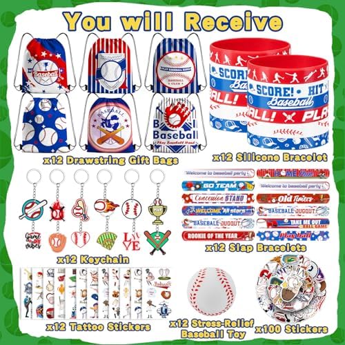 134 Pcs Baseball Party Favors, Baseball Themed Birthday Party Supplies Goodie Bag Stuffers with Bags,Rubber & Slap Bracelets, Stress Balls , Keychains, Stickers& Tattoos, Team Gifts Bulk - Image 2