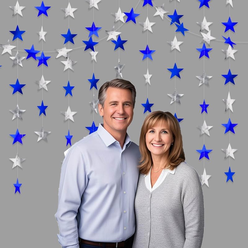 Blue Silver Shining Star Hanging Garland Blue Silver Hanging Sparkling Star Streamer Bunting Banner Twinkle Backdrop for Wedding Baby Shower Birthday Christmas Decorations 40 Feet - Image 4