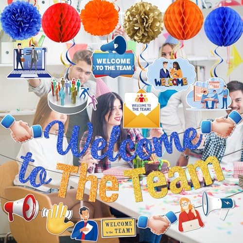 Welcome To The Team Banner, Welcome Banner Garland Hanging Swirls Paper Flowers Honeycomb Balls, Welcome Decorations for Employee Office Coworker Teacher Colleague Staff - Image 4
