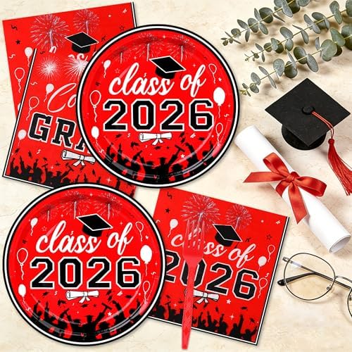 75 Pcs Graduation Plates and Napkins Party Supplies Set,Serves 25 Guests 2026 Red Graduation Plates and Napkins,Disposable Paper Tableware Set for Graduation Party Decorations - Image 3