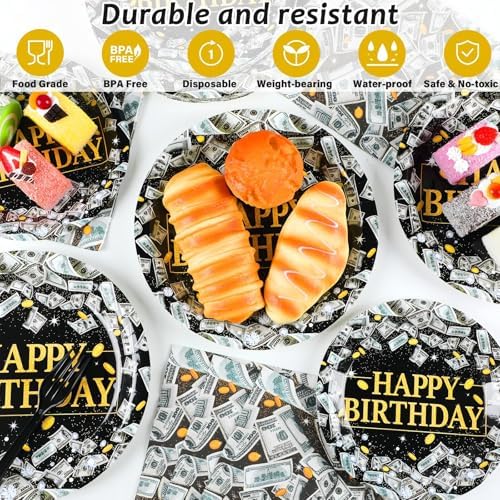 gisgfim 96Pcs Money Birthday Party Supplies Paper Plates Napkins - Image 3