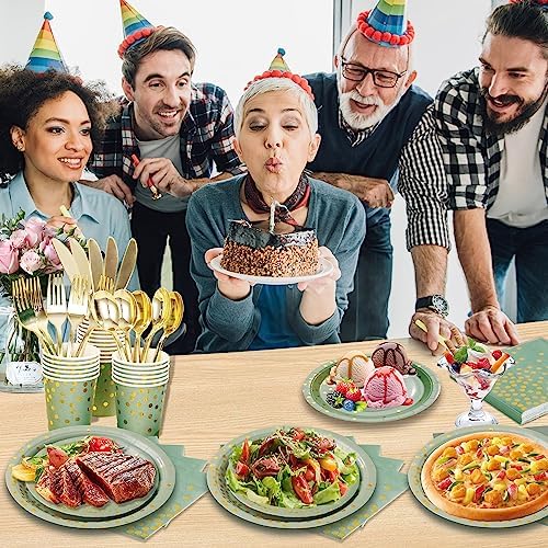 175 Pcs Sage Green Plates and Napkins Party Supplies - Sage Green Paper Plates Serve 25 Guests - Sage Green and Gold Disposable Plates Sets for Holiday Wedding Birthday Party Decoration - Image 7