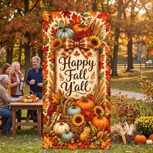 Happy Fall Y'all Door Banner 35x71 Inch Autumn Harvest Front Door Cover Decor with Pumpkins Sunflowers Maple Leaves Corn Wheat Farmhouse Hanging Flag for Porch Yard Thanksgiving Outdoor Decor - Image 7