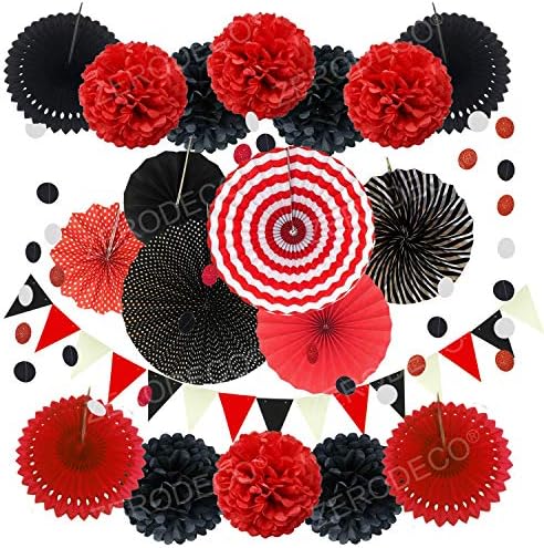ZERODECO Party Decoration, 21 Pcs Black and Red Hanging Paper Fans Pom Poms Flowers, Garlands String Polka Dot and Triangle Bunting Flags for Minnie Mouse Birthday Parties Baby Showers Wedding by ZERODECO