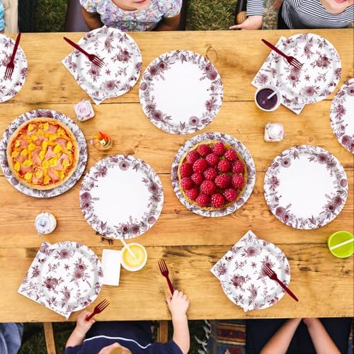 96 Pcs Red Burgundy Floral Party Decorations, Serves 24 - Image 7