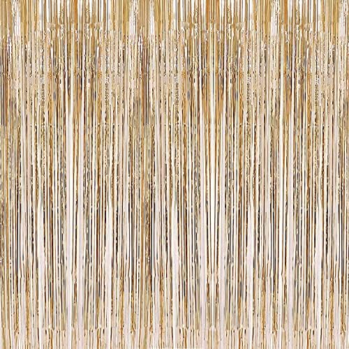 2 Pcs 3.2ft x 8.2ft Champagne Gold Metallic Tinsel Foil Fringe Curtains Photo Booth Backdrop for Baby Shower Birthday Wedding Holiday Celebration Bachelorette Party Decorations by i-CHONY