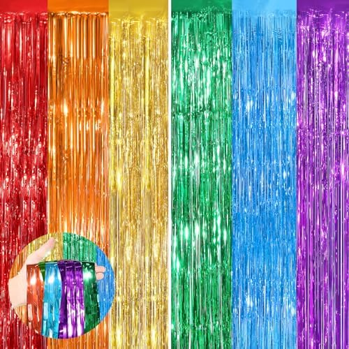 Rainbow Party Backdrop, 2Pack 3.3x8.3Ft Metallic Tinsel Foil Fringe Curtain by UWPVOWSR