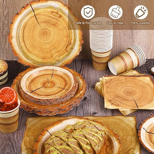 Kochorie 96 Pieces Camping Wood Grain Slice Tableware Set Rustic Wood Party Supplies Including Paper Plates Cups Napkins Serves 24 Guests for Hunting Baby Shower Lumberjack Birthday Party - Image 4