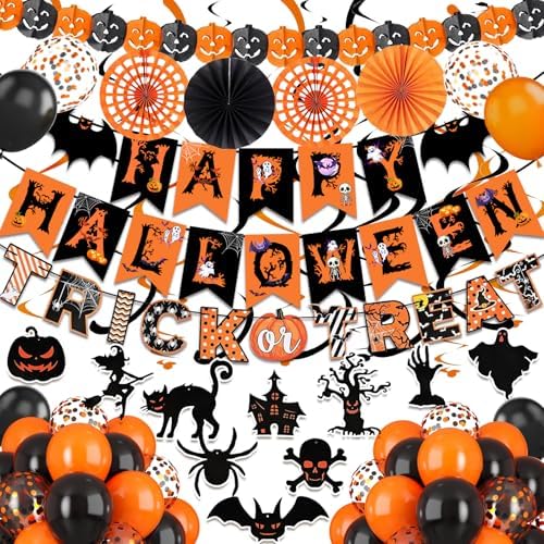 Fecedy Black Orange Happy Halloween Trick or Treat Banner Paper Fan Balloons & Swirl Streamers Goul Bat Cat Bird Ghost Pumpkin Lantern for Halloween Decorations by FECEDY