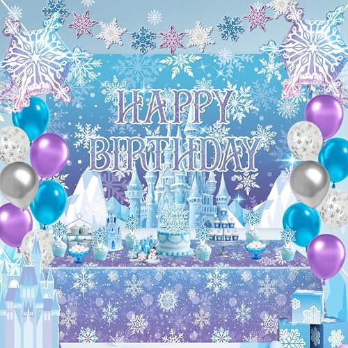 Frozen Birthday Party Decorations For Girls,Happy Birthday Backdrop,Banner,BlueBalloons,Table Cloth,Paper pom poms Party Supplies for Women by Jenlion