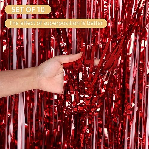 10 Pack Red Backdrop Curtain 3.2ft x 8.2ft Metallic Tinsel Foil Fringe Curtains Photo Booth Background for Birthday Party Decoration Baby Shower Engagement Wedding Christmas Decoration (Red) - Image 2