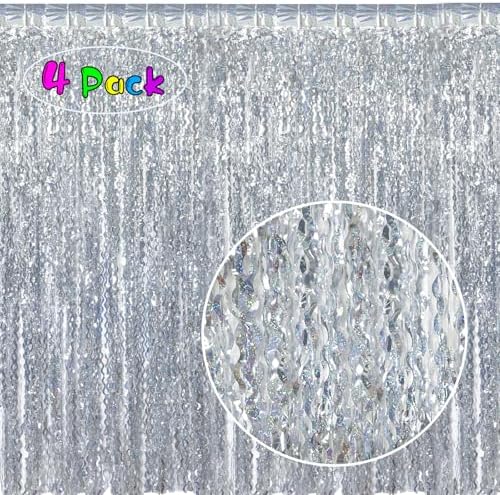 4 Pack 3.3 ft x 6.6 ft Silver Metallic Tinsel Foil Fringe Curtains - Door Streamers for Photo Booth Christmas Day Thanksgiving Wedding New Year Party Decorations - Image 2