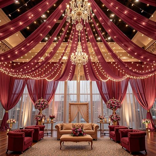 Burgundy Ceiling Drapes with Lights for Weddings, 6 Panels 5ftx20ft Sheer Tulle Curtain Drapes for Wedding Ceremony Birthday Party Arch Decoration by WishCare