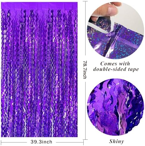 2 Pack Purple Streamers Tinsel Foil Fringe Curtains Sparkle Metallic Wavy Foil Fringe Backdrop Curtain Photo Booth Props for Halloween Party Decorations Birthday Graduation Bachelorette - Image 2