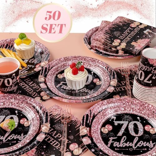250PCS 70th Birthday Party Decorations for 50 Guests Black and Rose Gold Party Supplies for Women Include Disposable Paper Plates, Napkins, Cups, and Disposable Plastic Cutlery (70) - Image 4